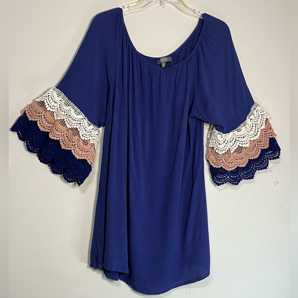 Umgee XL blue boho dress 1/2 length layered bell sleeves. (G)